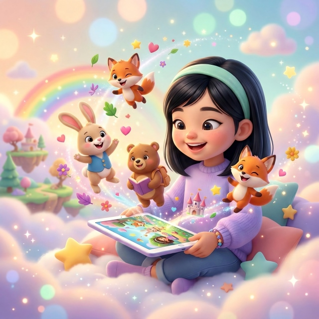 萌画王应用展示 - 孩子在平板上快乐阅读互动绘本